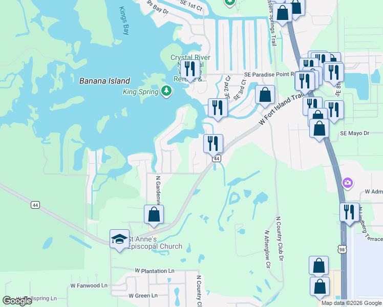 map of restaurants, bars, coffee shops, grocery stores, and more near 9539 West Woodward Park Street in Crystal River