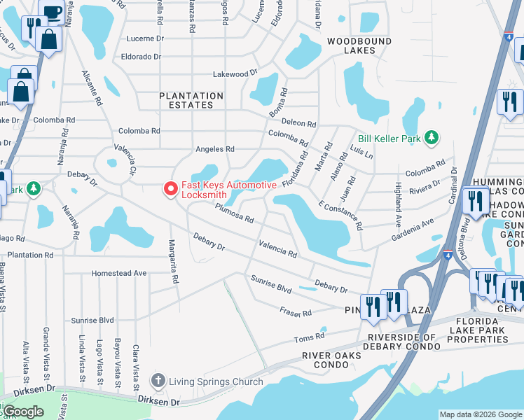 map of restaurants, bars, coffee shops, grocery stores, and more near 257 West Constance Road in DeBary