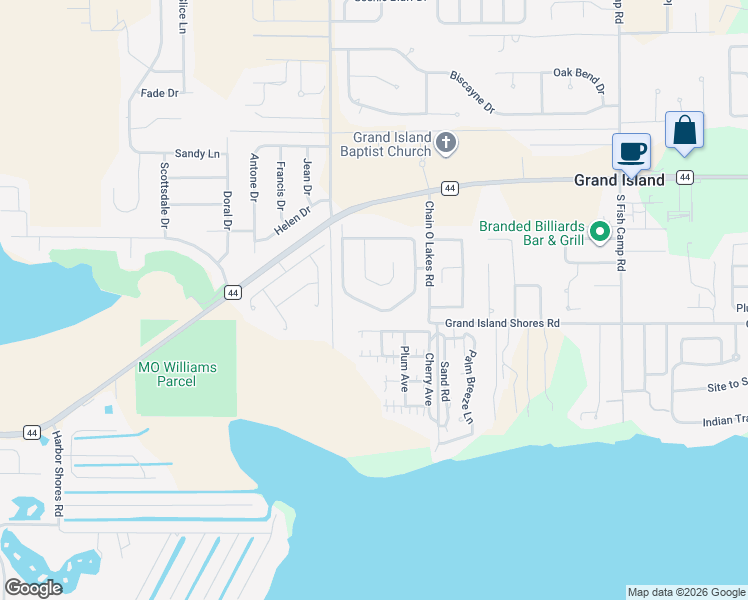 map of restaurants, bars, coffee shops, grocery stores, and more near 36400 Grand Island Oaks Circle in Grand Island