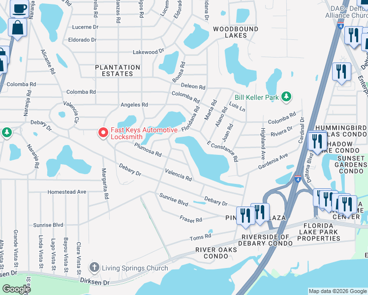 map of restaurants, bars, coffee shops, grocery stores, and more near 260 West Constance Road in DeBary
