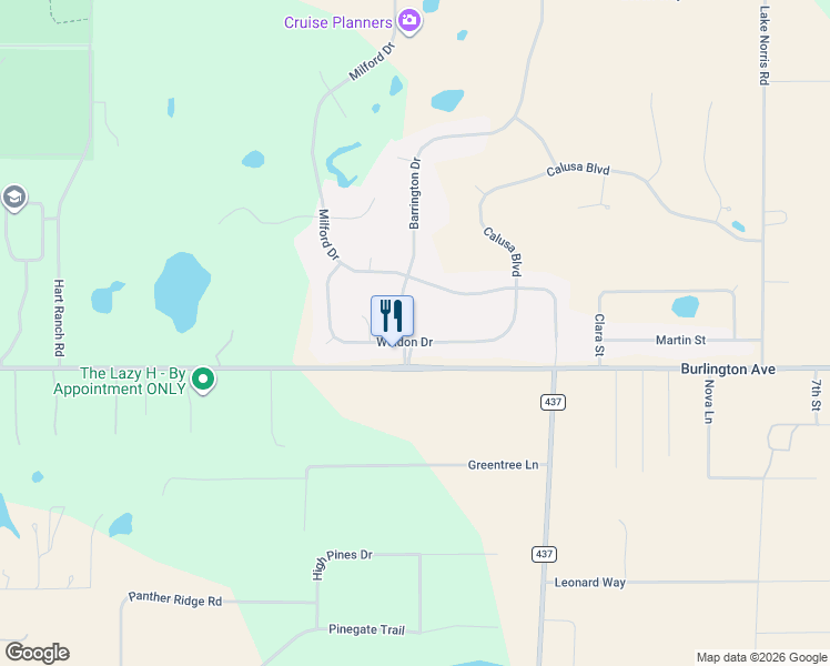 map of restaurants, bars, coffee shops, grocery stores, and more near 36302 Barrington Drive in Eustis