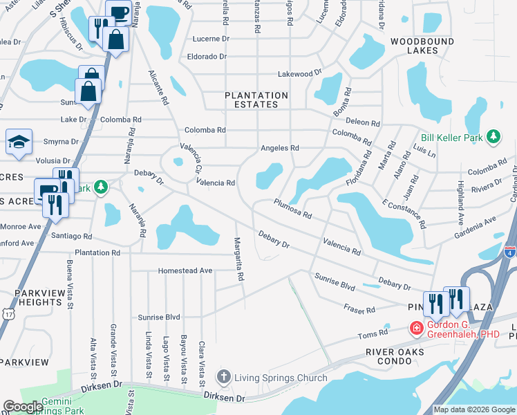 map of restaurants, bars, coffee shops, grocery stores, and more near 200 Valencia Road in DeBary