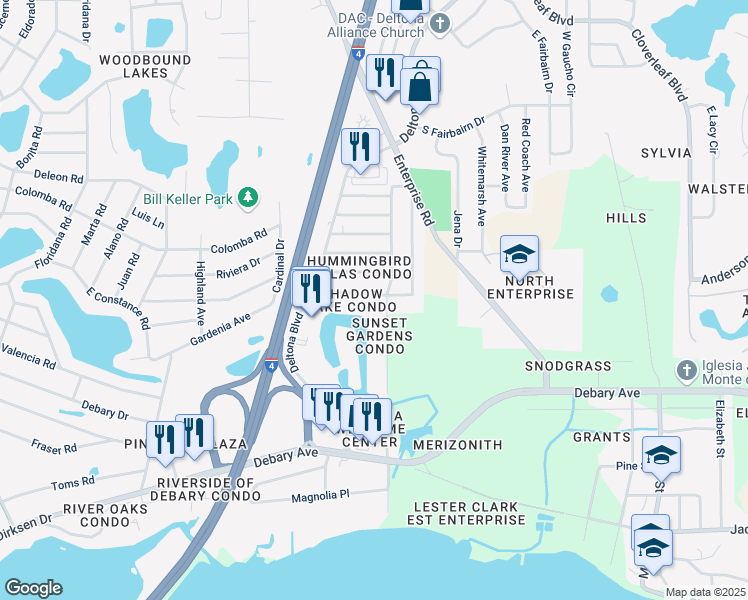 map of restaurants, bars, coffee shops, grocery stores, and more near 590 Belltower Avenue in Deltona
