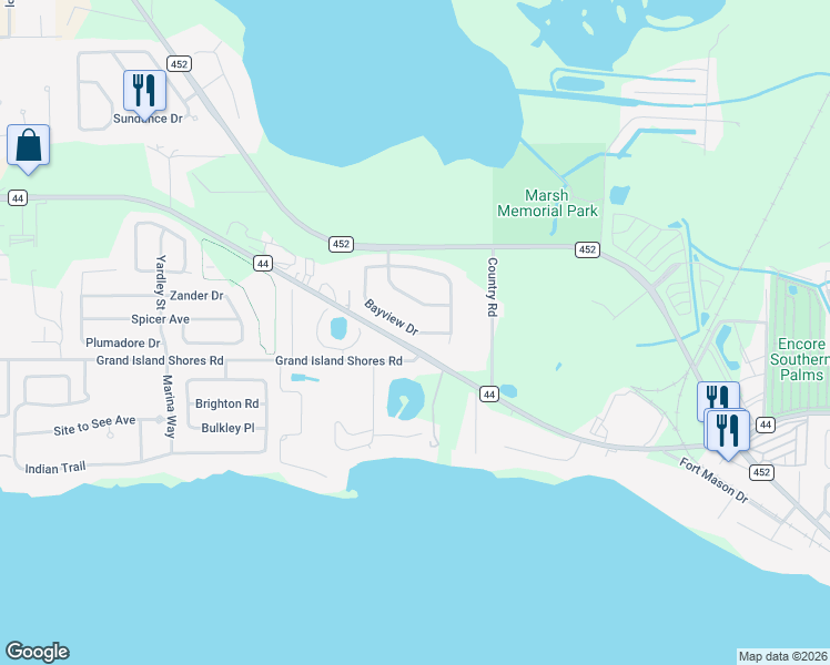 map of restaurants, bars, coffee shops, grocery stores, and more near 2717 Bayview Drive in Eustis