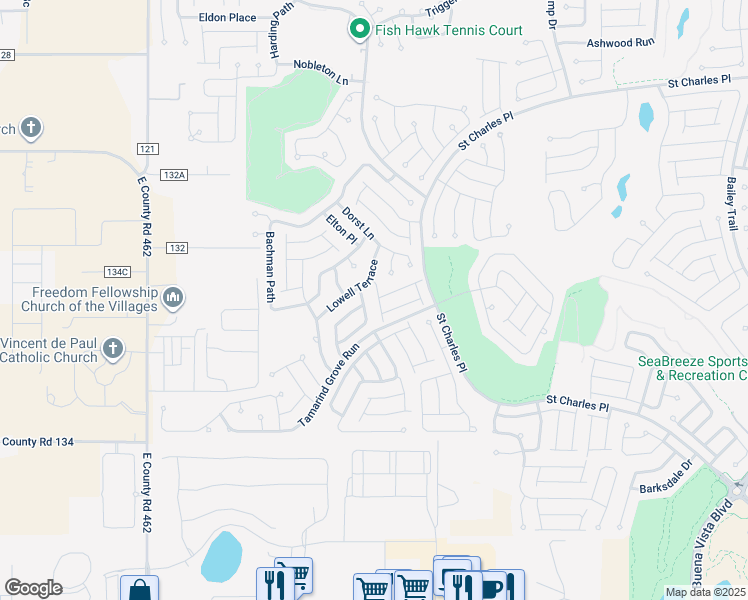 map of restaurants, bars, coffee shops, grocery stores, and more near 2283 Newburn Lane in The Villages