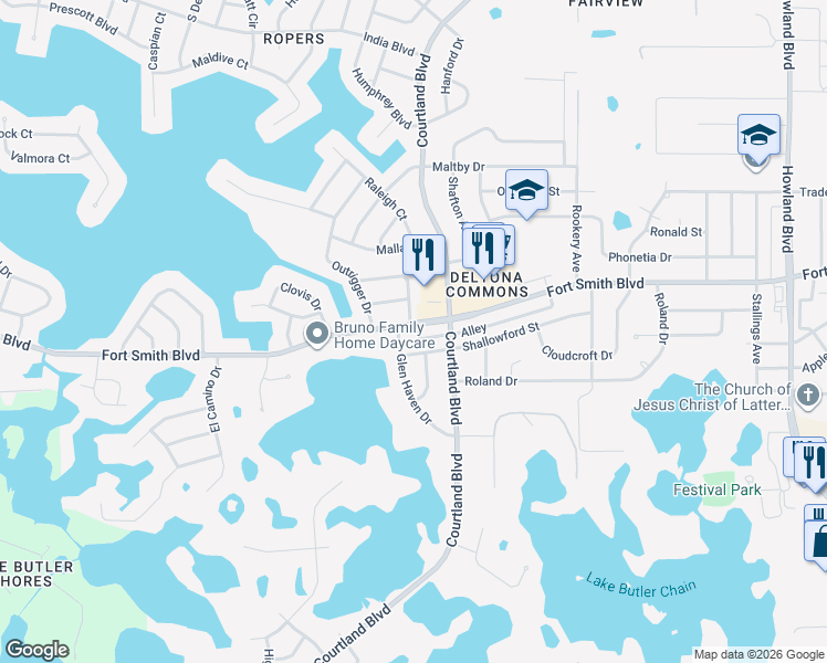 map of restaurants, bars, coffee shops, grocery stores, and more near 361 Fort Smith Boulevard in Deltona