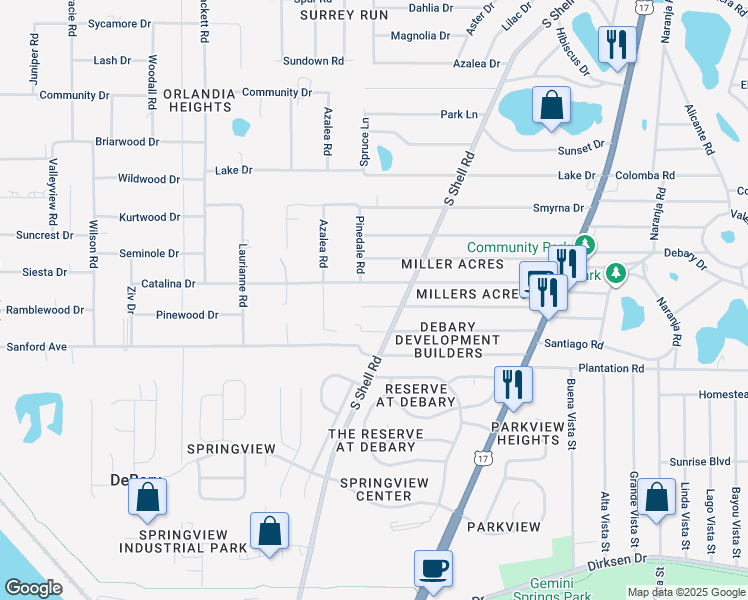 map of restaurants, bars, coffee shops, grocery stores, and more near 48 Palmetto Drive in DeBary
