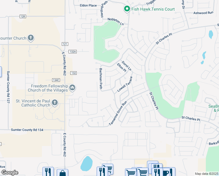 map of restaurants, bars, coffee shops, grocery stores, and more near 2274 Southwood Drive in The Villages