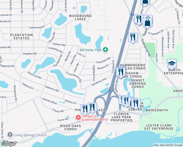 map of restaurants, bars, coffee shops, grocery stores, and more near 316 Alemander Avenue in DeBary