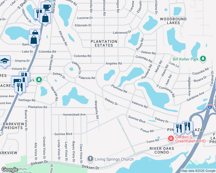 map of restaurants, bars, coffee shops, grocery stores, and more near 200 Valencia Road in DeBary