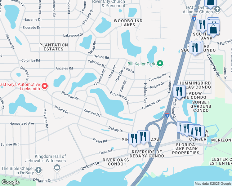 map of restaurants, bars, coffee shops, grocery stores, and more near 270 East Constance Road in DeBary