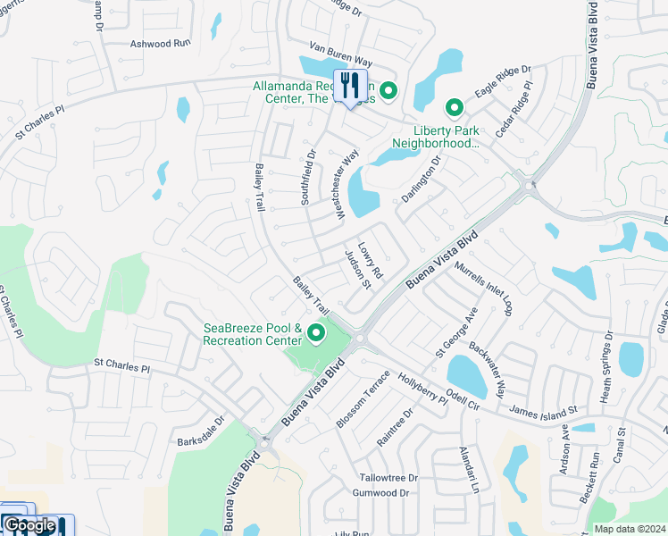 map of restaurants, bars, coffee shops, grocery stores, and more near 1600 Allendale Place in The Villages