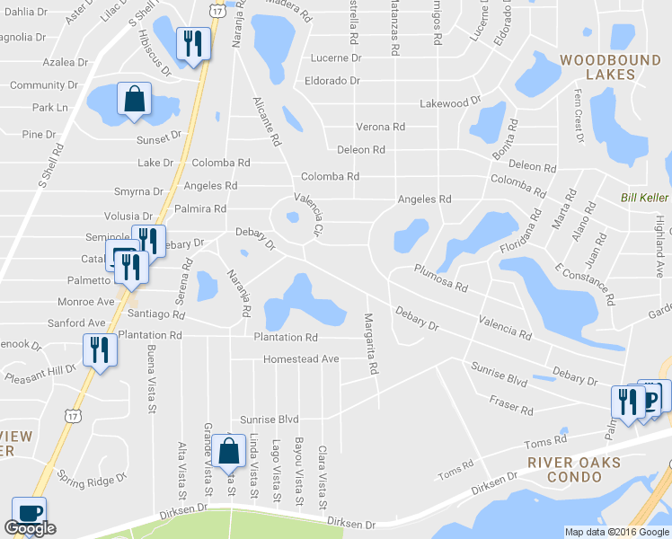 map of restaurants, bars, coffee shops, grocery stores, and more near 146 Debary Drive in DeBary