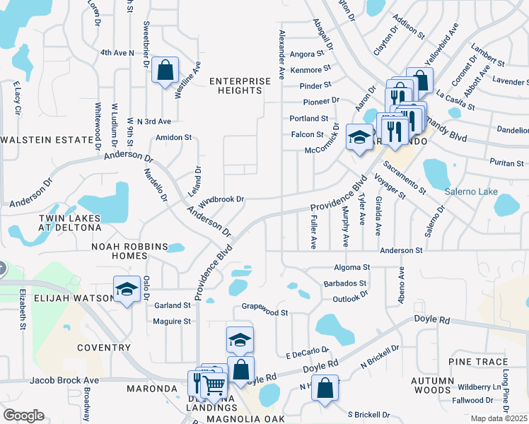 map of restaurants, bars, coffee shops, grocery stores, and more near 560 Providence Boulevard in Deltona