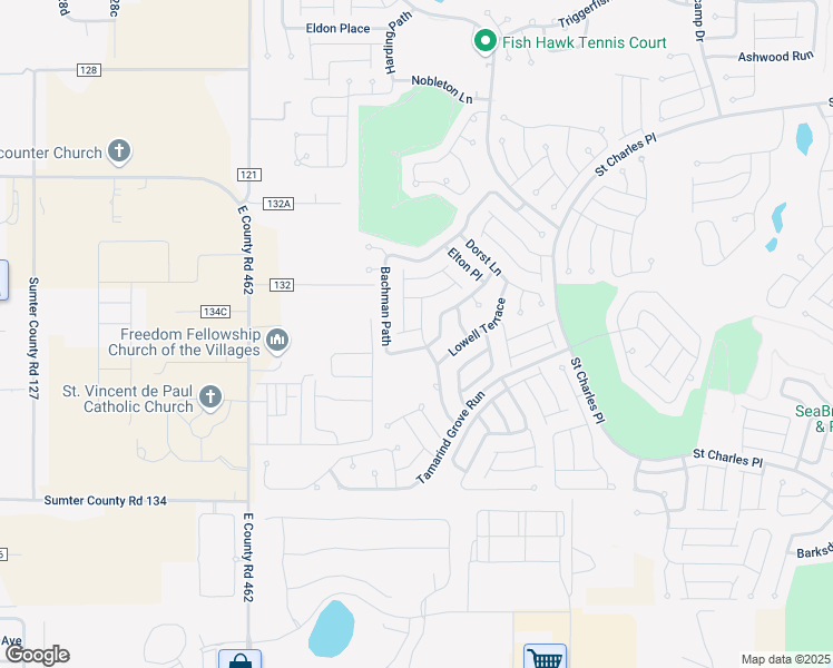 map of restaurants, bars, coffee shops, grocery stores, and more near 2274 Southwood Drive in The Villages