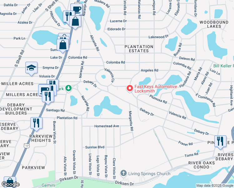 map of restaurants, bars, coffee shops, grocery stores, and more near 146 Debary Drive in DeBary