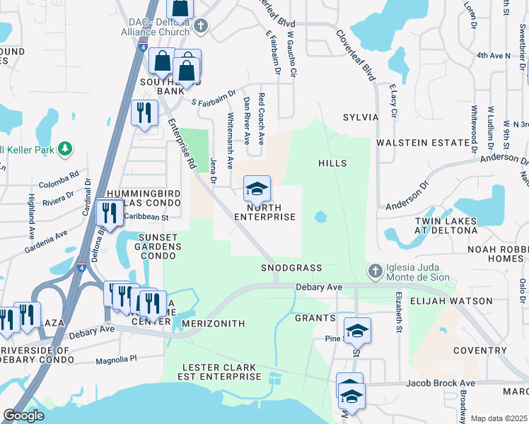 map of restaurants, bars, coffee shops, grocery stores, and more near 250 Enterprise Road in Deltona