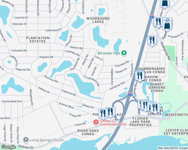 map of restaurants, bars, coffee shops, grocery stores, and more near 275 East Constance Road in DeBary
