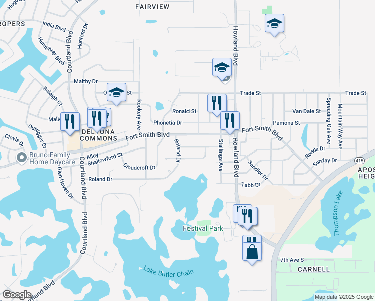 map of restaurants, bars, coffee shops, grocery stores, and more near 3341 George Sauls Street in Deltona