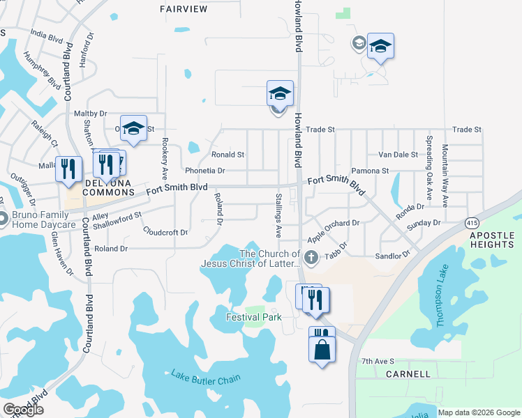 map of restaurants, bars, coffee shops, grocery stores, and more near 3355 Planter Drive in Deltona