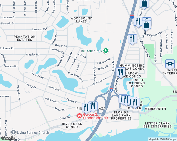 map of restaurants, bars, coffee shops, grocery stores, and more near 316 Alemander Avenue in DeBary