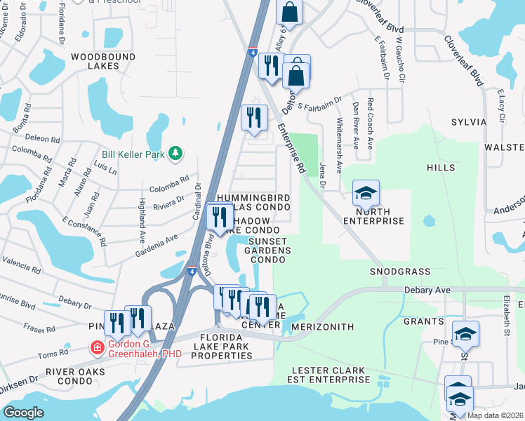 map of restaurants, bars, coffee shops, grocery stores, and more near 141 Cascade Street in Deltona
