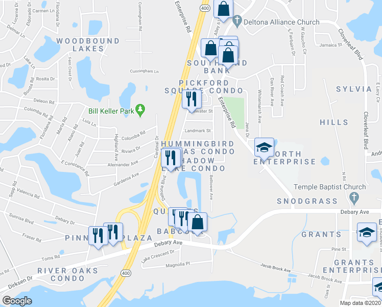 map of restaurants, bars, coffee shops, grocery stores, and more near 141 Cascade Street in Deltona