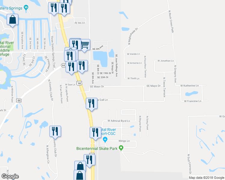 map of restaurants, bars, coffee shops, grocery stores, and more near 8536 Southeast Mayo Drive in Crystal River