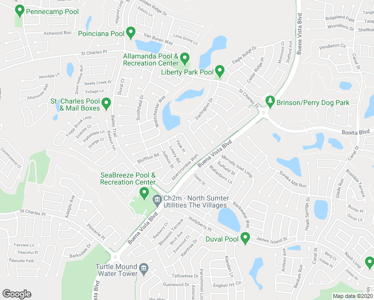 map of restaurants, bars, coffee shops, grocery stores, and more near 2249 Peak Place in The Villages