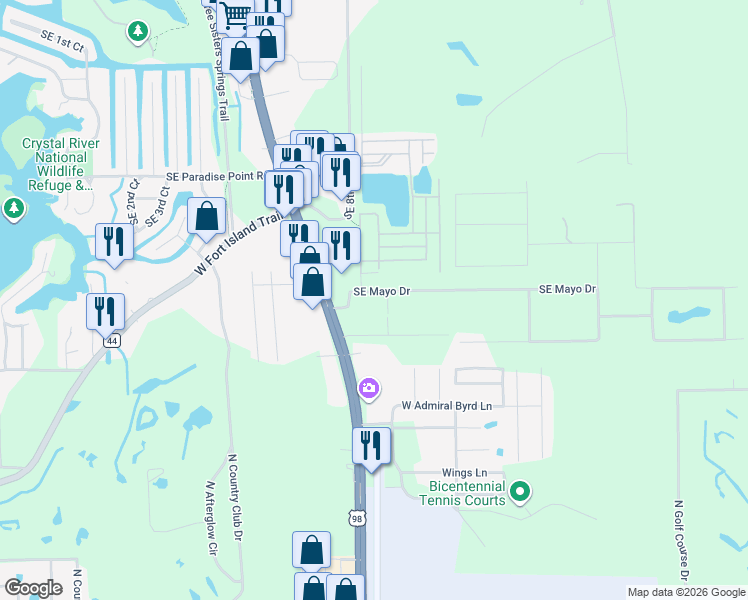 map of restaurants, bars, coffee shops, grocery stores, and more near 8710 Southeast Mayo Drive in Crystal River