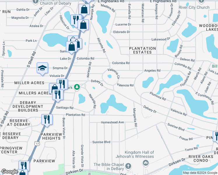 map of restaurants, bars, coffee shops, grocery stores, and more near 128 Debary Drive in DeBary