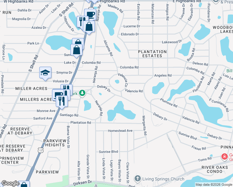 map of restaurants, bars, coffee shops, grocery stores, and more near 128 Debary Drive in DeBary