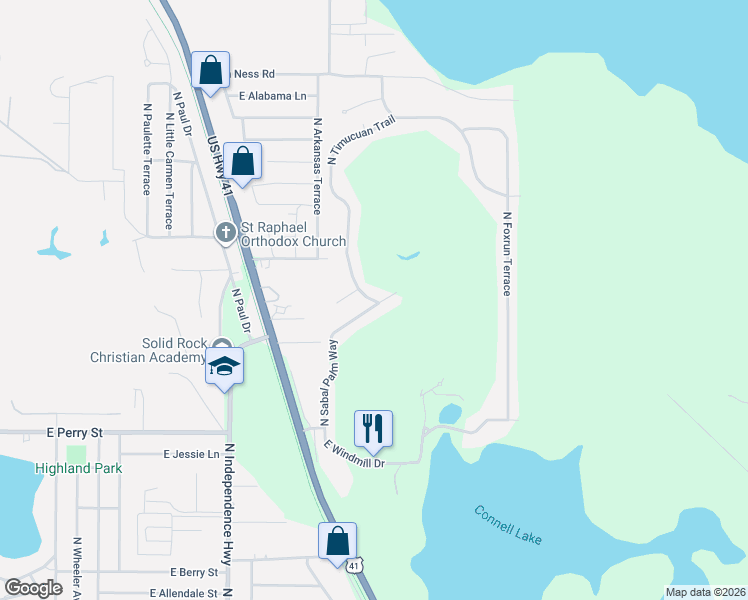 map of restaurants, bars, coffee shops, grocery stores, and more near 1135 North Timucuan Trail in Inverness