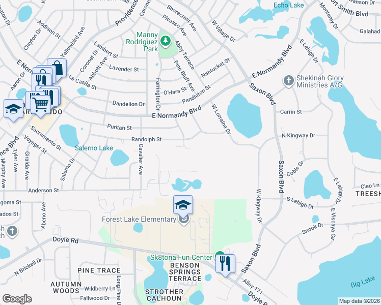 map of restaurants, bars, coffee shops, grocery stores, and more near 605 Malaga Avenue in Deltona