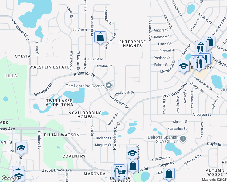 map of restaurants, bars, coffee shops, grocery stores, and more near 723 Leland Drive in Deltona