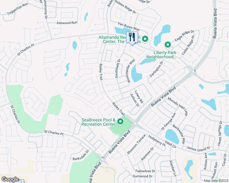 map of restaurants, bars, coffee shops, grocery stores, and more near 2251 Westchester Way in The Villages