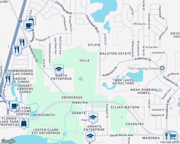 map of restaurants, bars, coffee shops, grocery stores, and more near 409 North Road in Deltona
