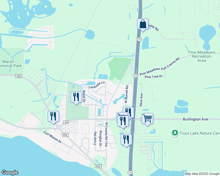 map of restaurants, bars, coffee shops, grocery stores, and more near 16011 Rainbow Road in Eustis
