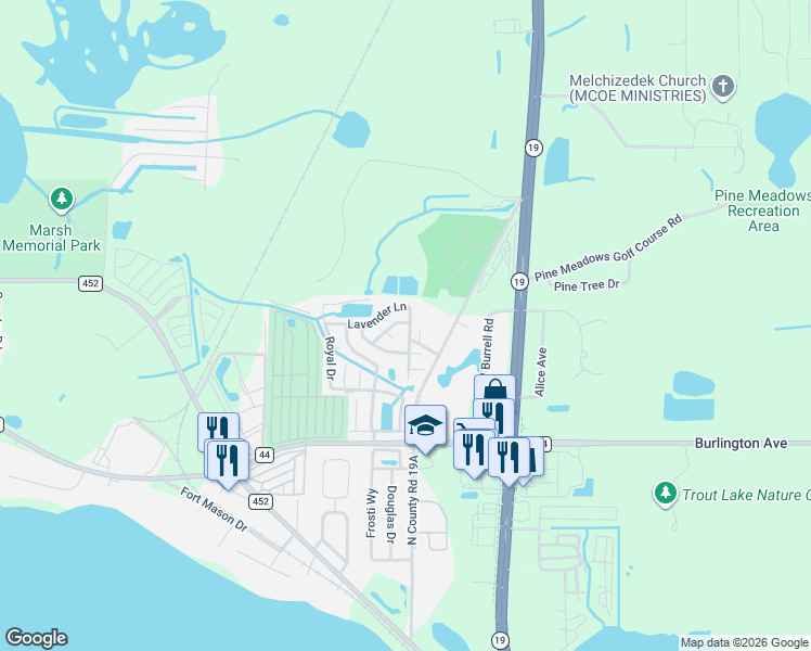 map of restaurants, bars, coffee shops, grocery stores, and more near 16011 Rainbow Road in Eustis