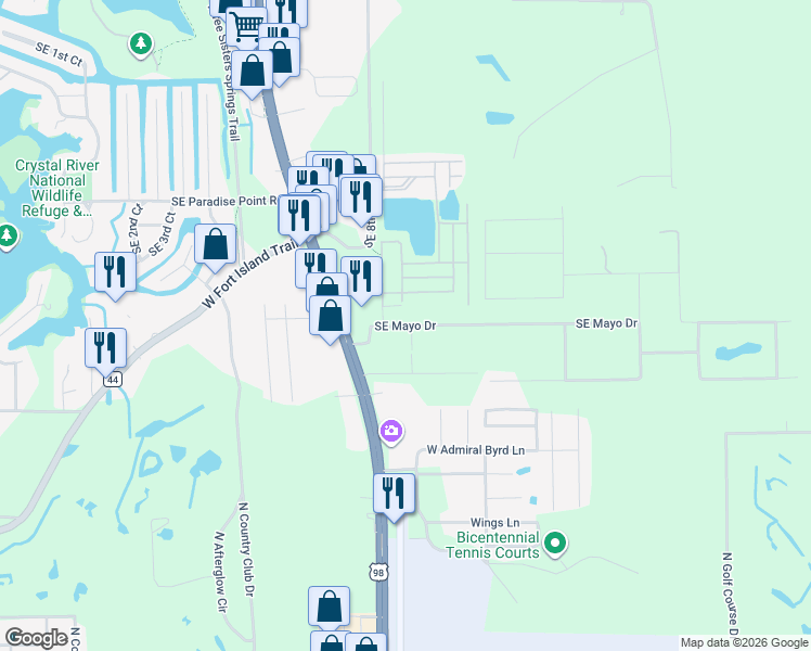 map of restaurants, bars, coffee shops, grocery stores, and more near 805 Southeast Mayo Drive in Crystal River