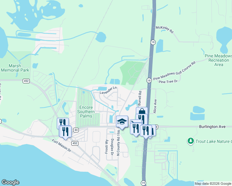 map of restaurants, bars, coffee shops, grocery stores, and more near 16011 Rainbow Road in Eustis
