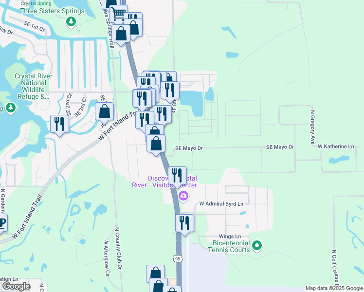map of restaurants, bars, coffee shops, grocery stores, and more near 805 Southeast Mayo Drive in Crystal River