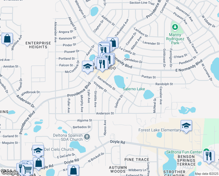 map of restaurants, bars, coffee shops, grocery stores, and more near 1261 Sacramento Street in Deltona