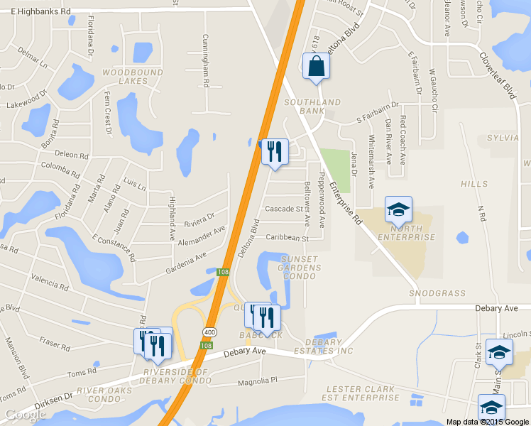 map of restaurants, bars, coffee shops, grocery stores, and more near 637 Deltona Boulevard in Deltona