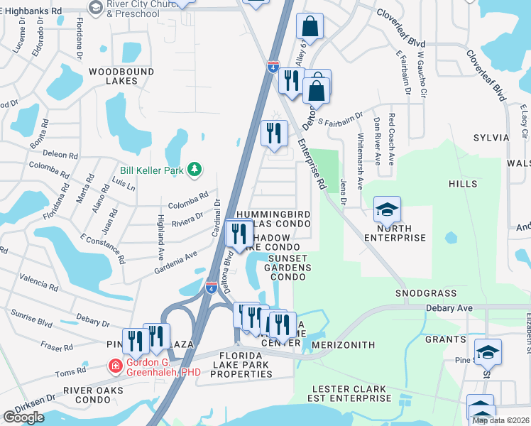 map of restaurants, bars, coffee shops, grocery stores, and more near 141 Cascade Street in Deltona