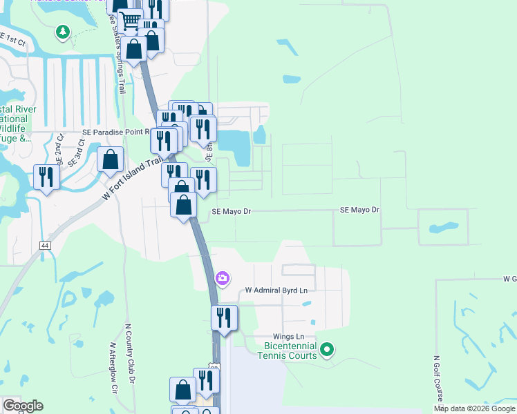 map of restaurants, bars, coffee shops, grocery stores, and more near 8536 Southeast Mayo Drive in Crystal River
