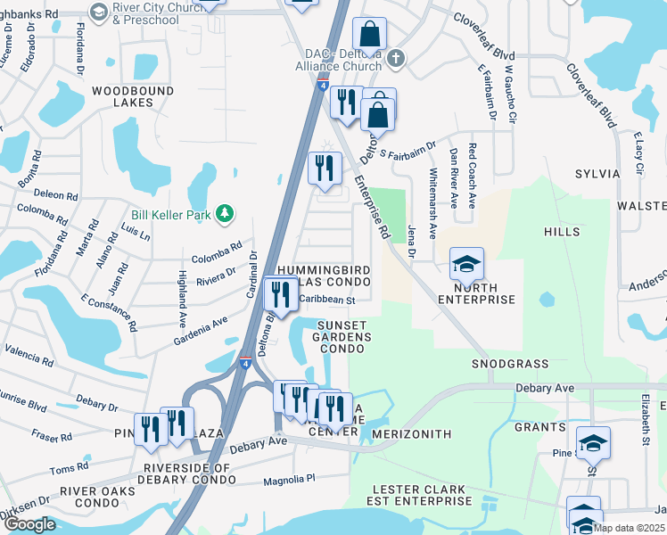 map of restaurants, bars, coffee shops, grocery stores, and more near 141 Cascade Street in Deltona