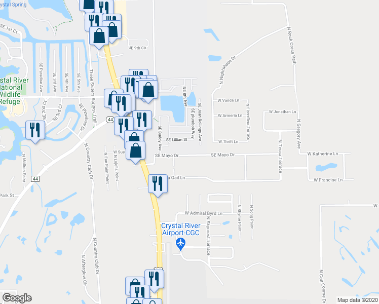 map of restaurants, bars, coffee shops, grocery stores, and more near 8536 Southeast Mayo Drive in Crystal River