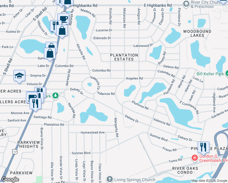 map of restaurants, bars, coffee shops, grocery stores, and more near 148 Marsella Road in DeBary