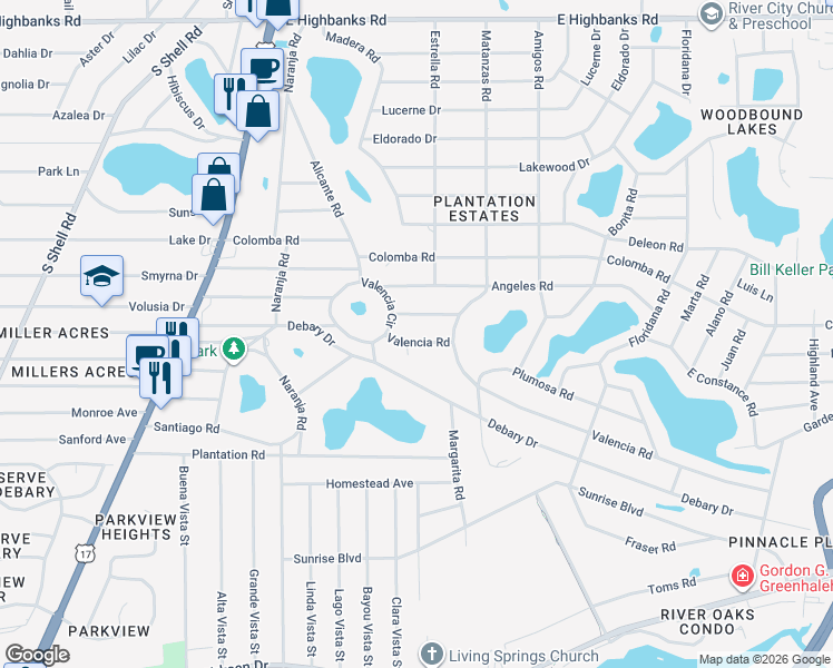 map of restaurants, bars, coffee shops, grocery stores, and more near 138 Marsella Road in DeBary